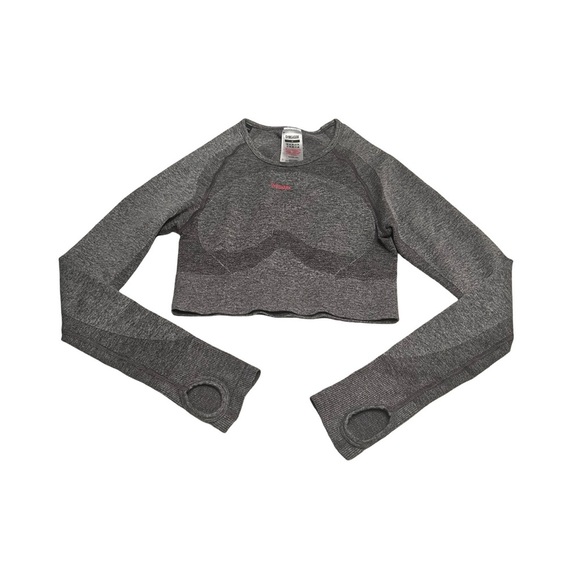 Gymshark Long Sleeve Crop Top Women's S Gray Pink Open Back Fitted Workout Shirt - Picture 1 of 3